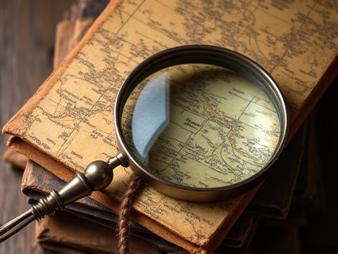고서와 오래된 지도 위에 놓인 돋보기, 고고학적 탐사와 지식 탐구를 상징